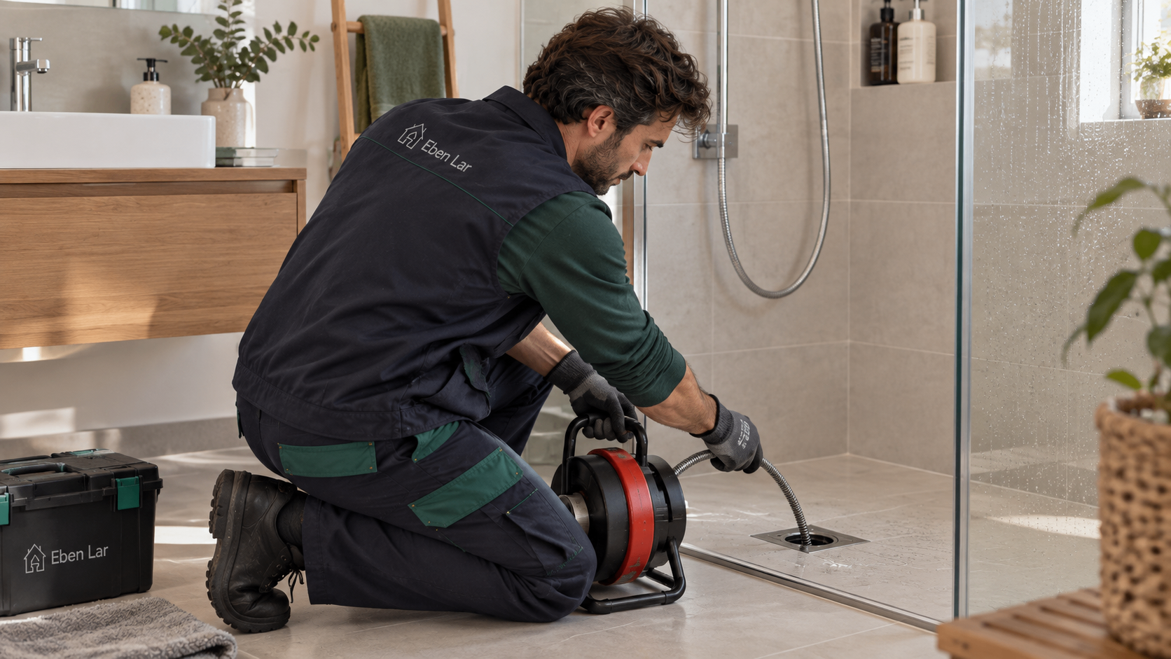 Técnico a desentupir um ralo de duche com equipamento próprio