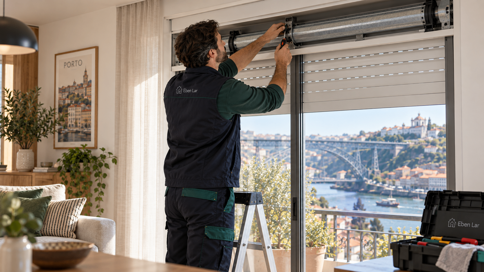 Técnico a reparar um estore de rolo numa sala