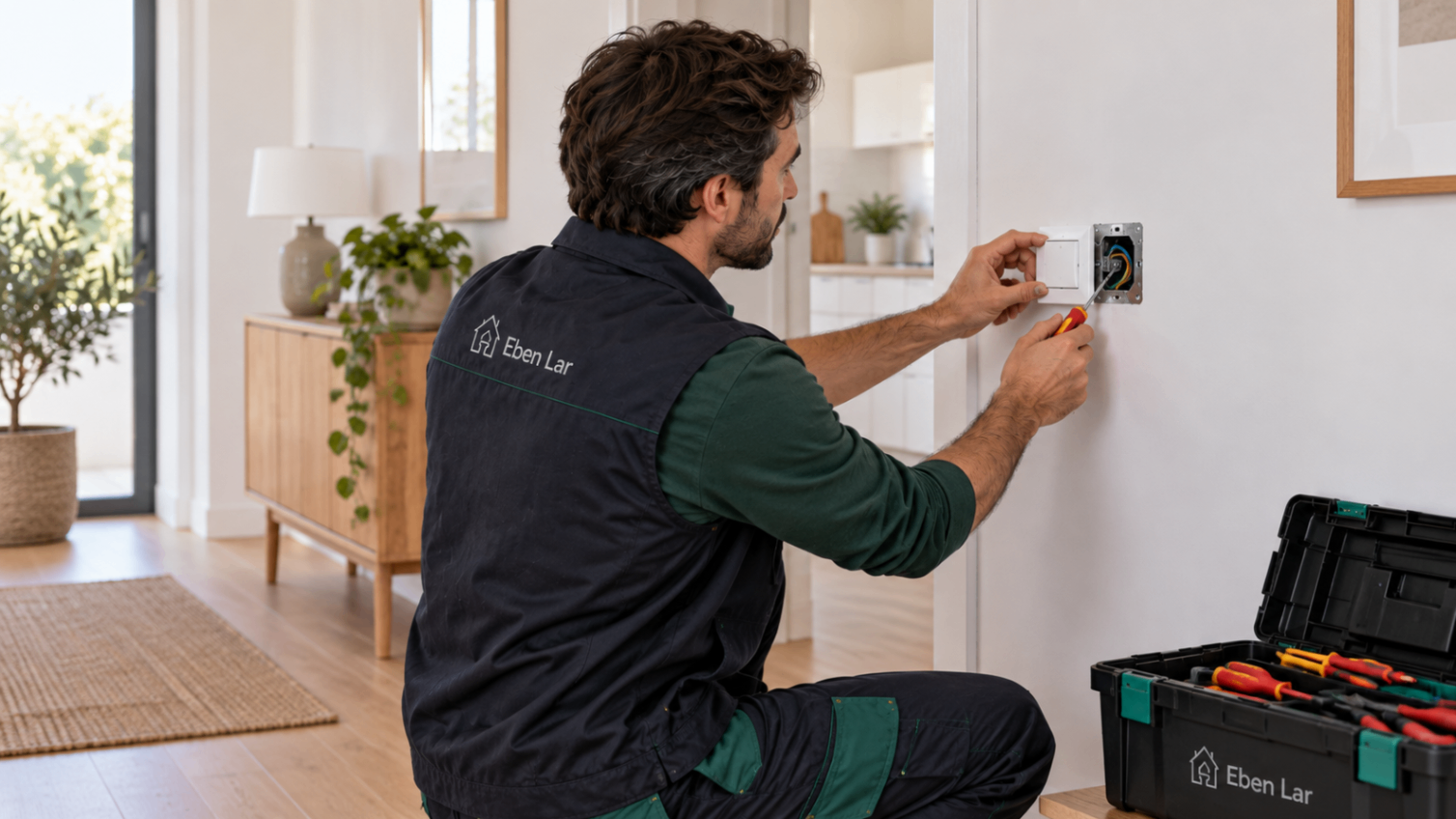 Técnico a reparar um interruptor elétrico numa casa